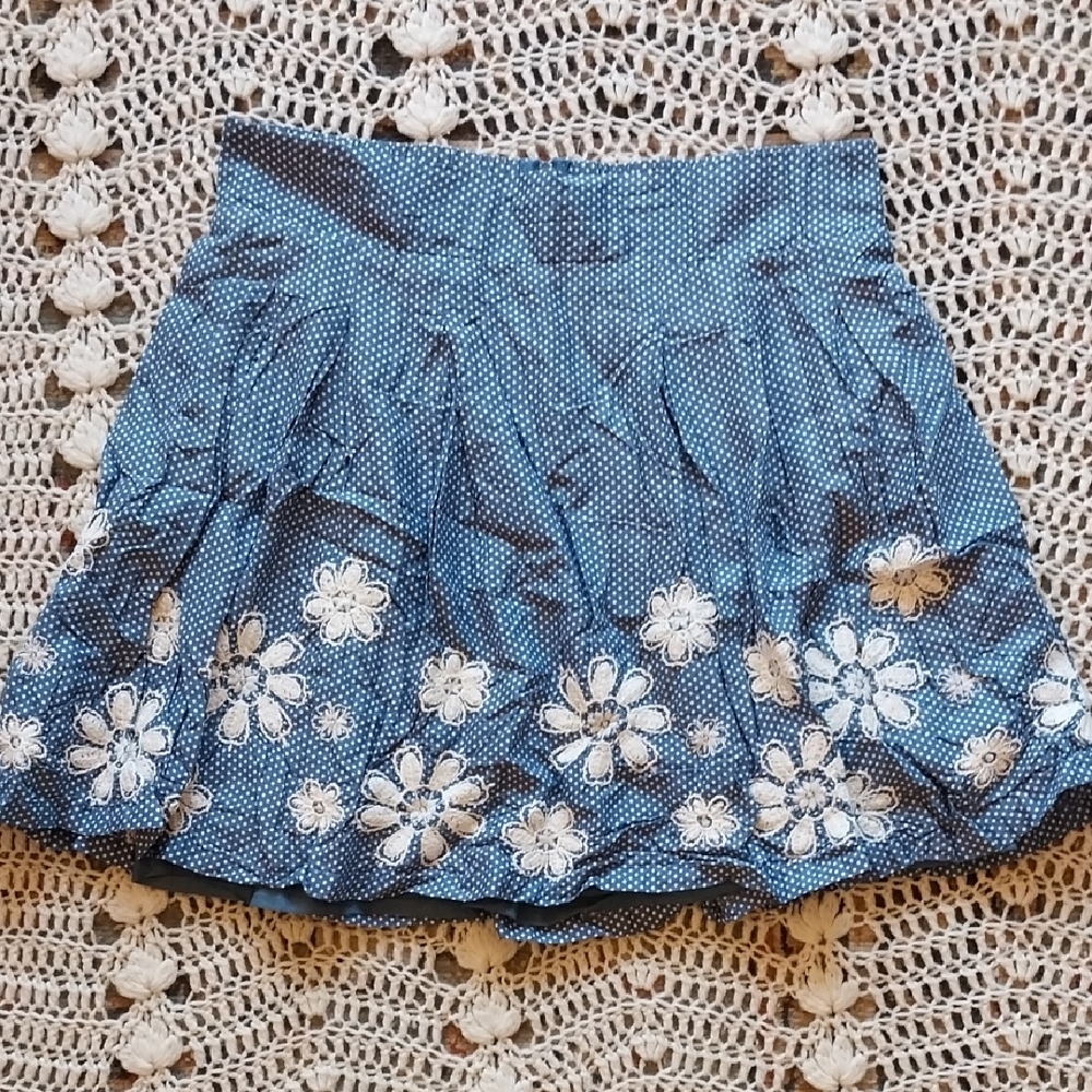 Blue Rain Blue and White Embroidered Flowers Skirt